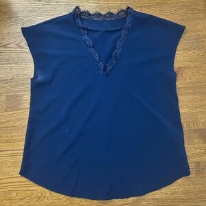 Chic Lace Trim V-neck Navy Blue blouse